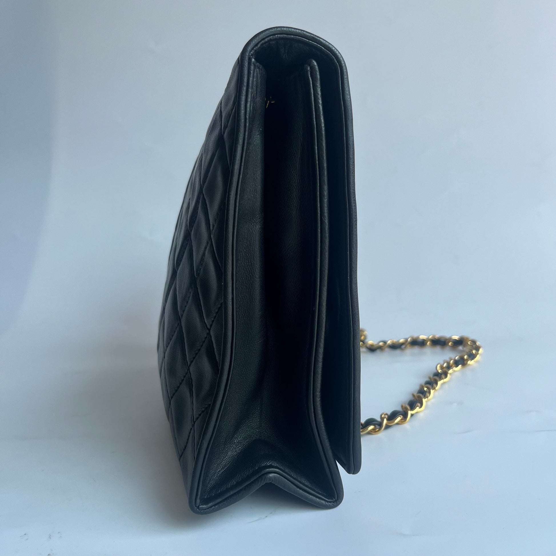 Chanel Flapbag Logo Closure Lambskin Black Gold Leather Handbag