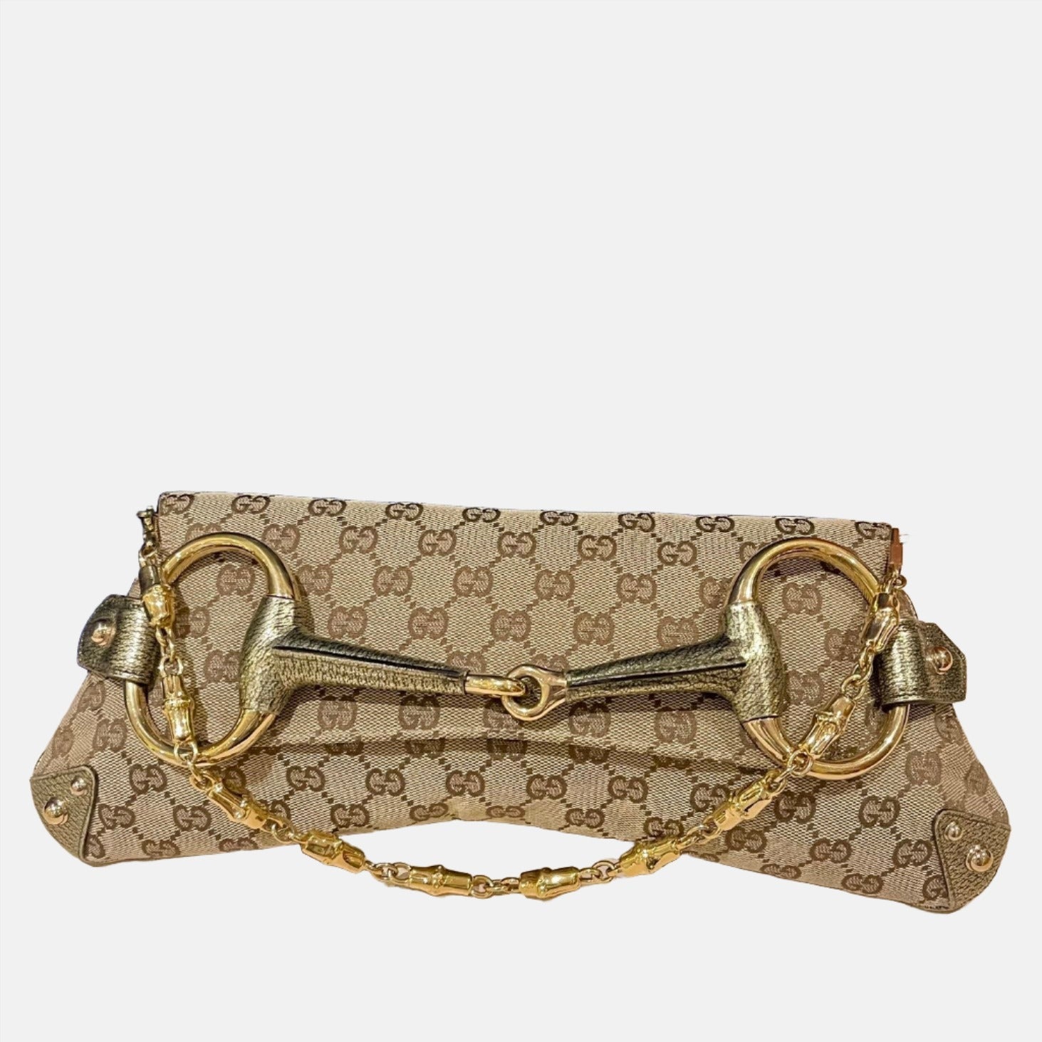 Gucci Horsebit Cloth Monogram Leather Beige Gold Shoulder Bag