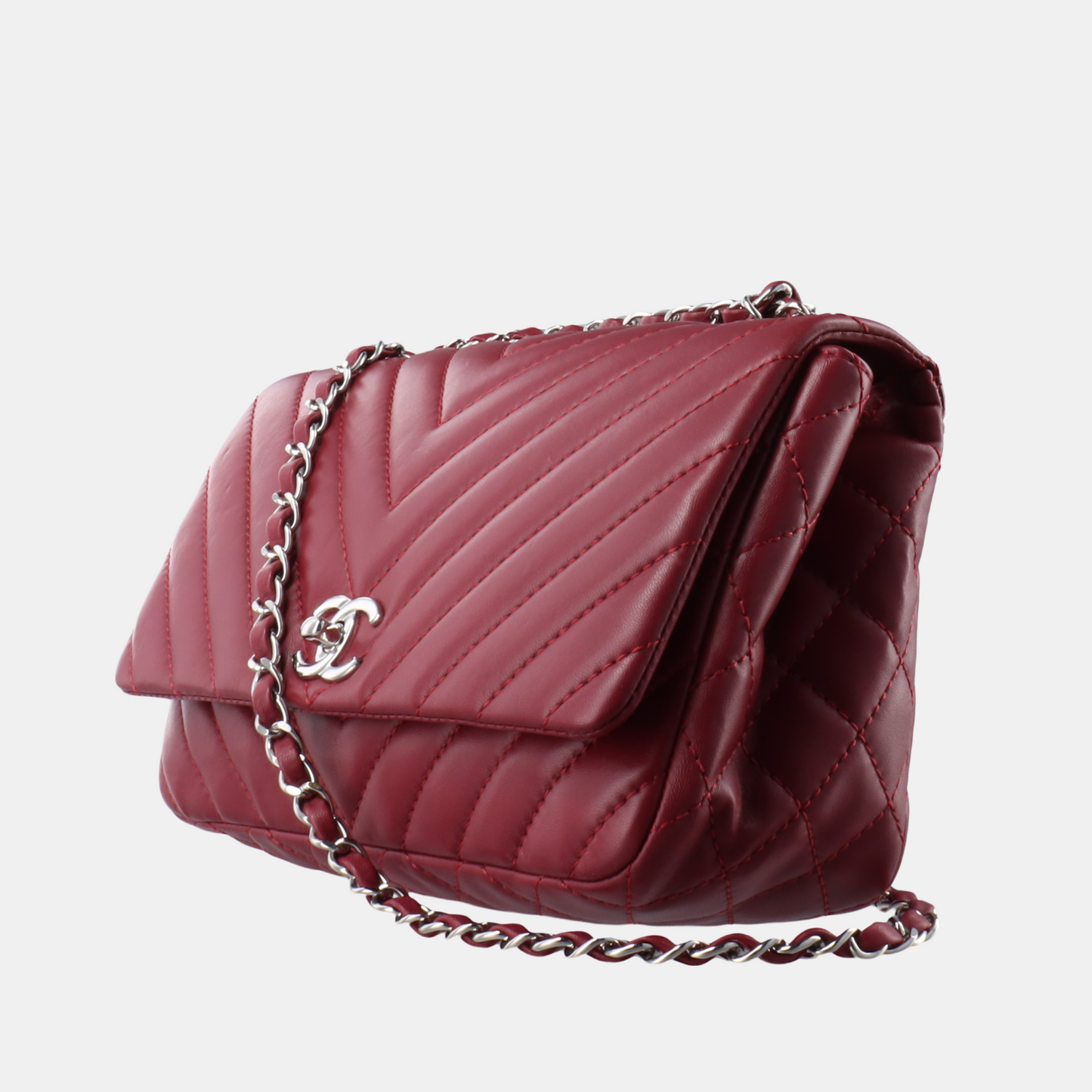 Chanel Classic Flap Chevron Burgundy Quilted Lambskin Leather Handbag Lambskin Leather