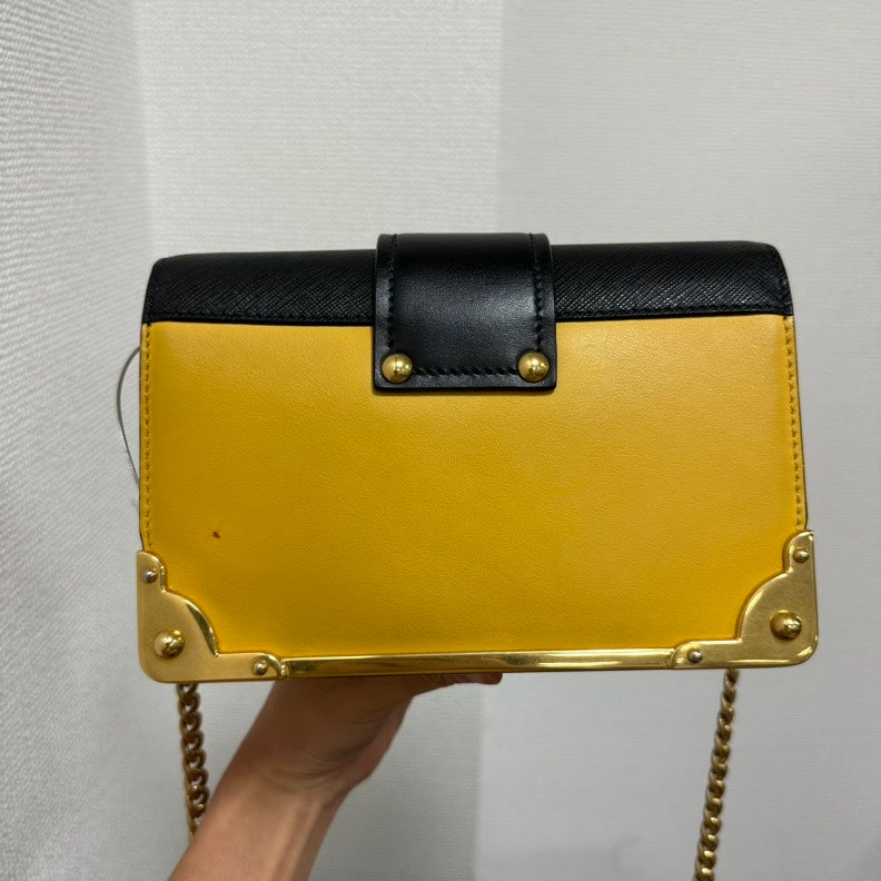 Prada Cahier Crossbody Bag Leather Black Yellow