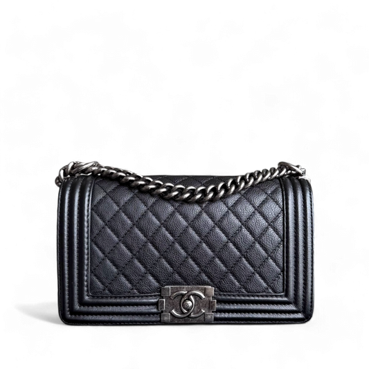 Chanel Boy Medium - 25CM Quilted Grained Calfskin Black Ruthenium Silver Hardware Series 18