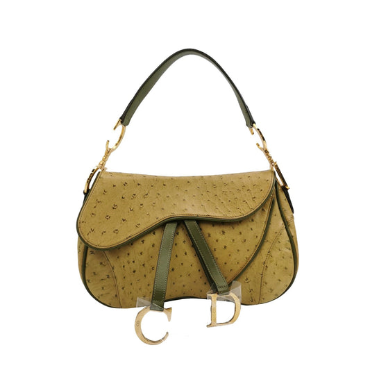 Dior Double Saddle Ostrich Hardware Handbag Leather Green Travel Bag