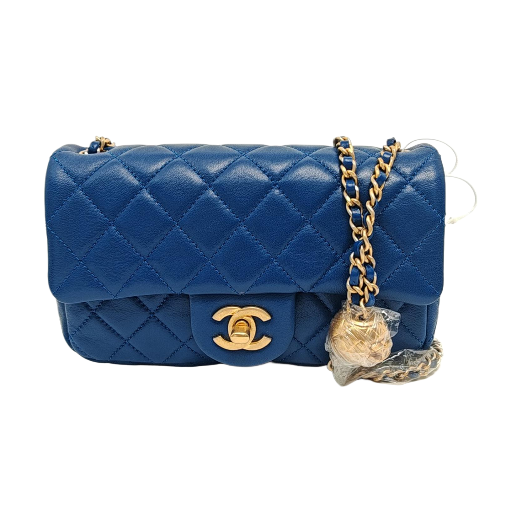 Chanel Classic Flap Rectangular Lambskin Pearl Crush Blue Gold Mini Bag
