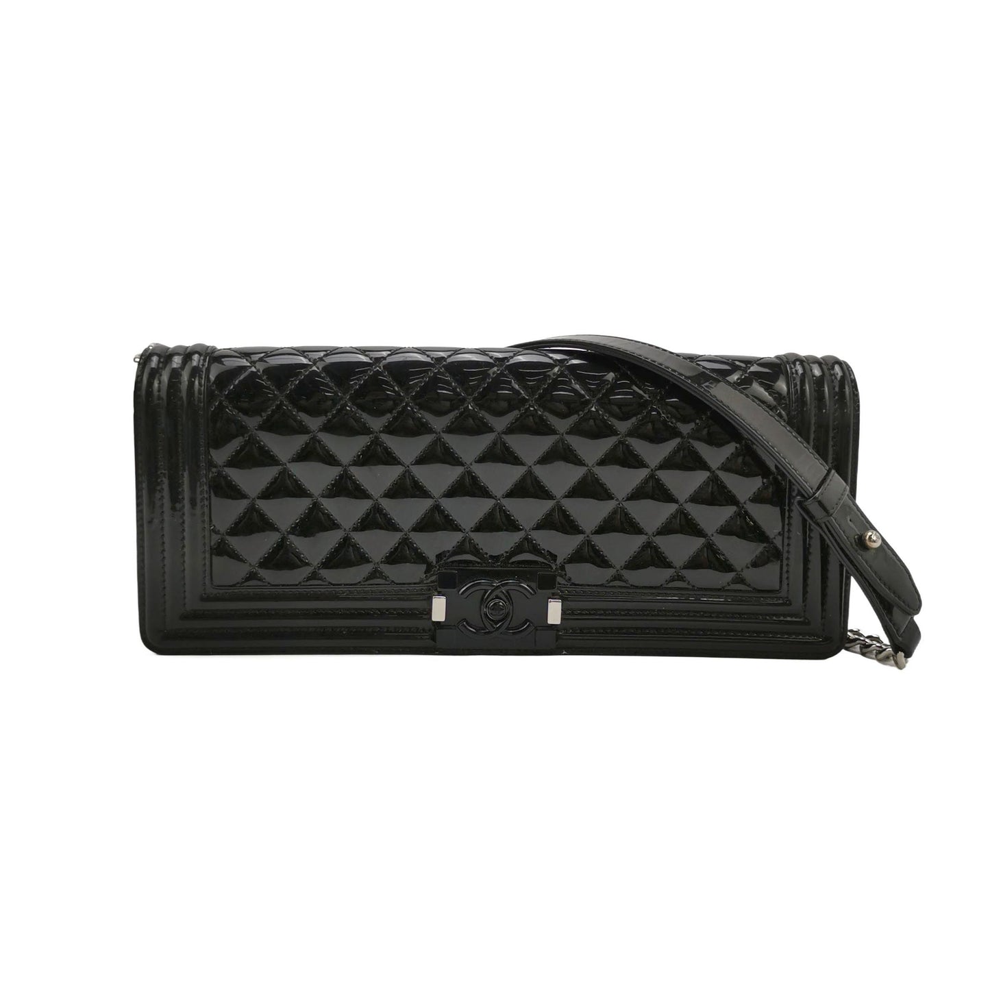 Chanel East West Boy Convertible Patent Black Leather Shoulder Bag