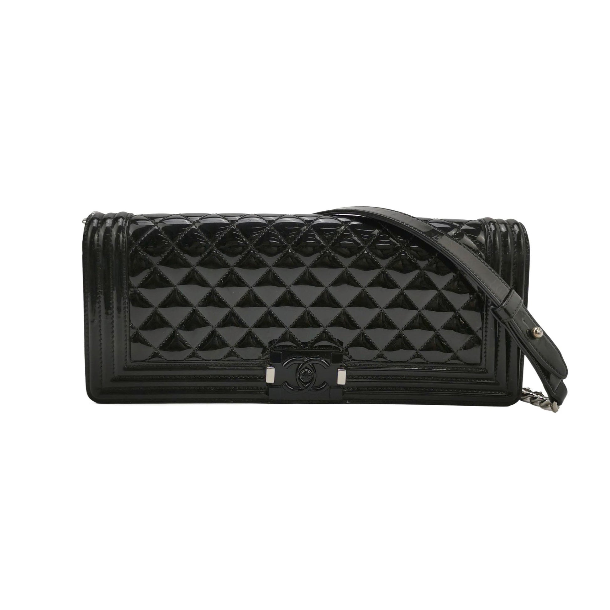 Chanel East West Boy Convertible Patent Black Leather Shoulder Bag