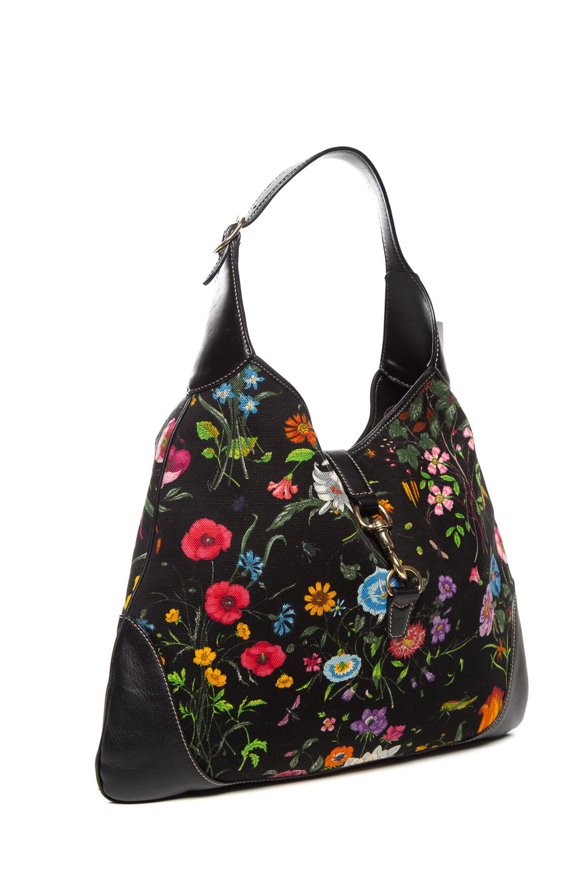 Gucci Black Multi Flora Jackie Bouvier Canvas Hobo Bag