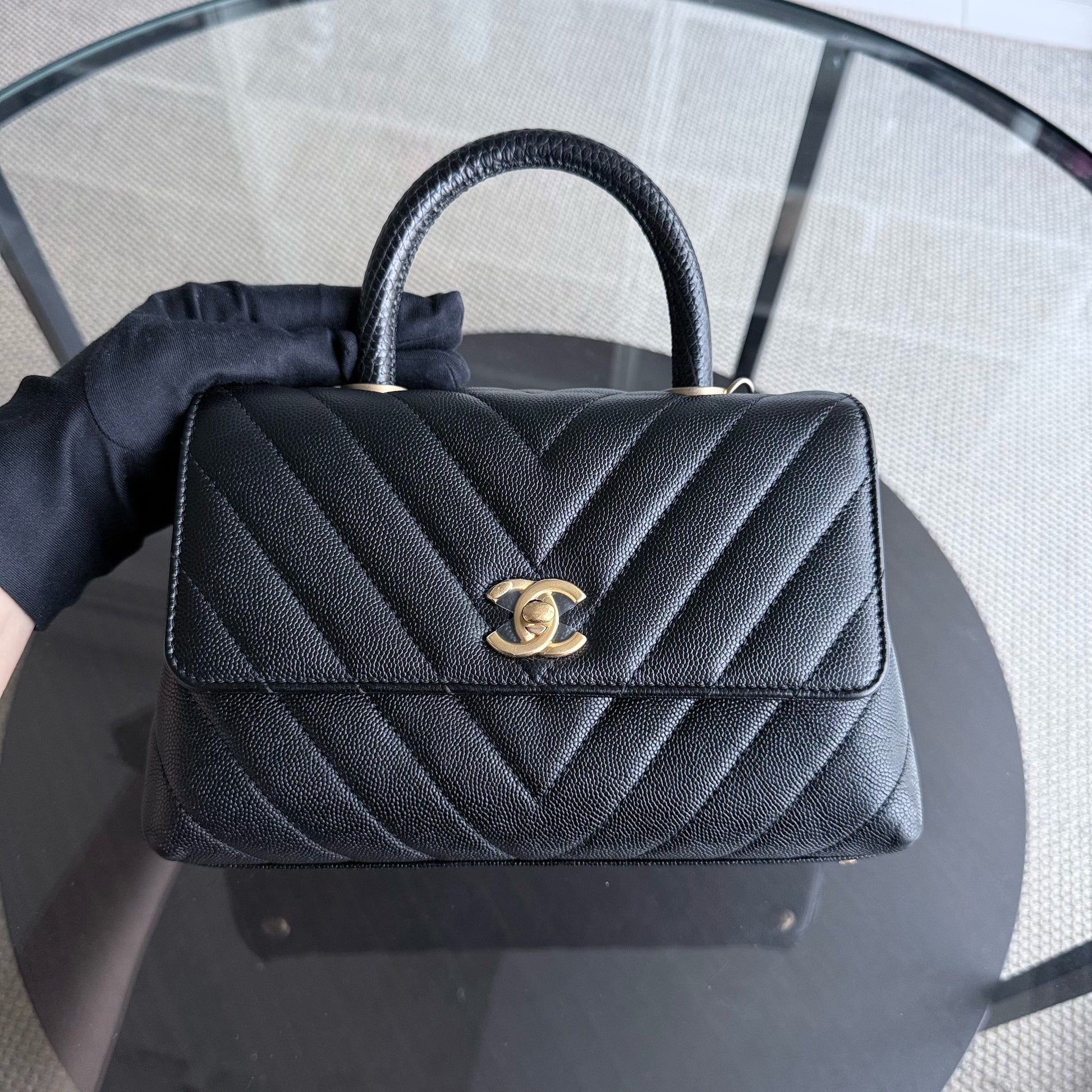 Chanel Coco Handle Small - Caviar Chevron Grained Calfskin Black Gold Hardware Series 26