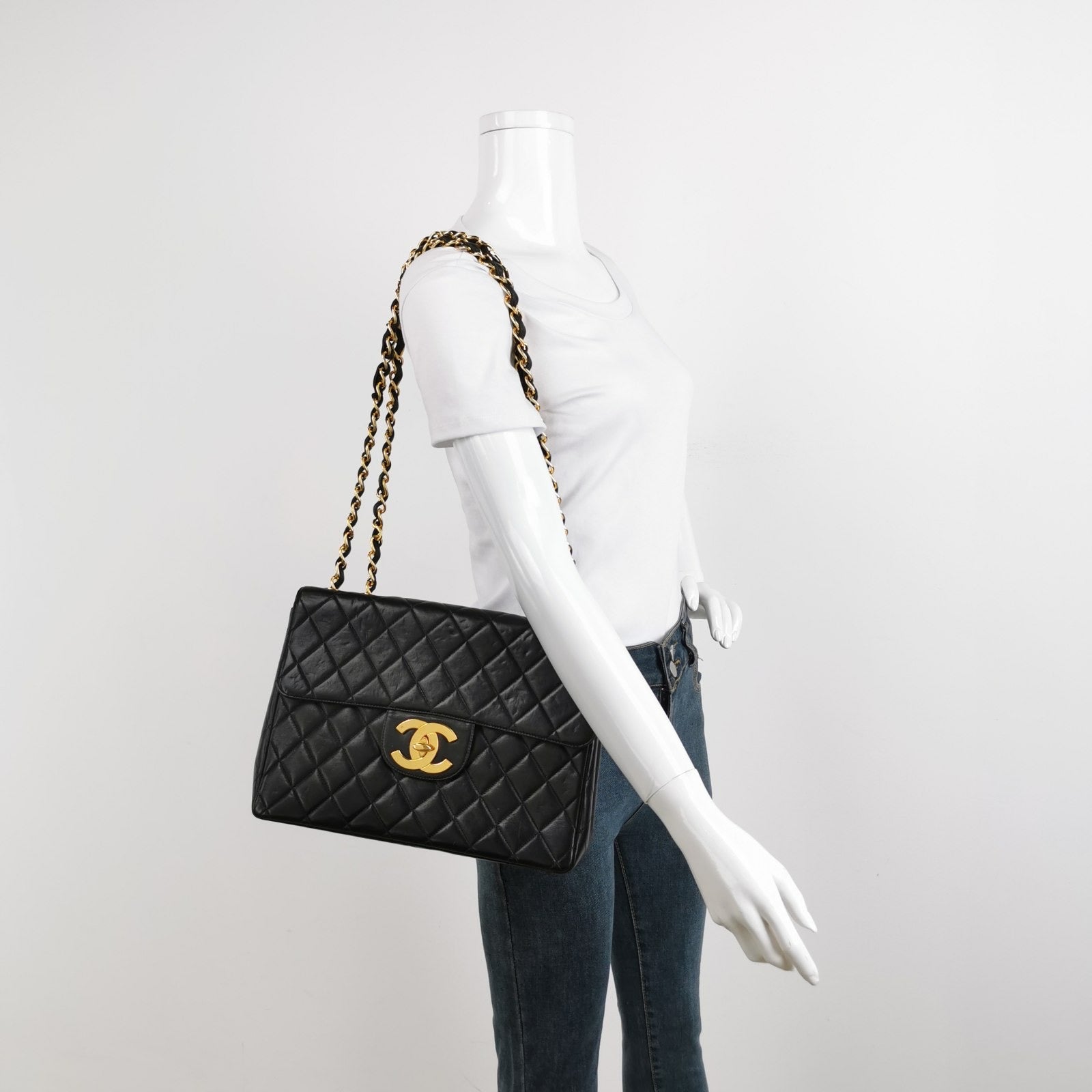 Chanel Classic Flap Lambskin 24k Plated Mega Black Gold Leather Handbag