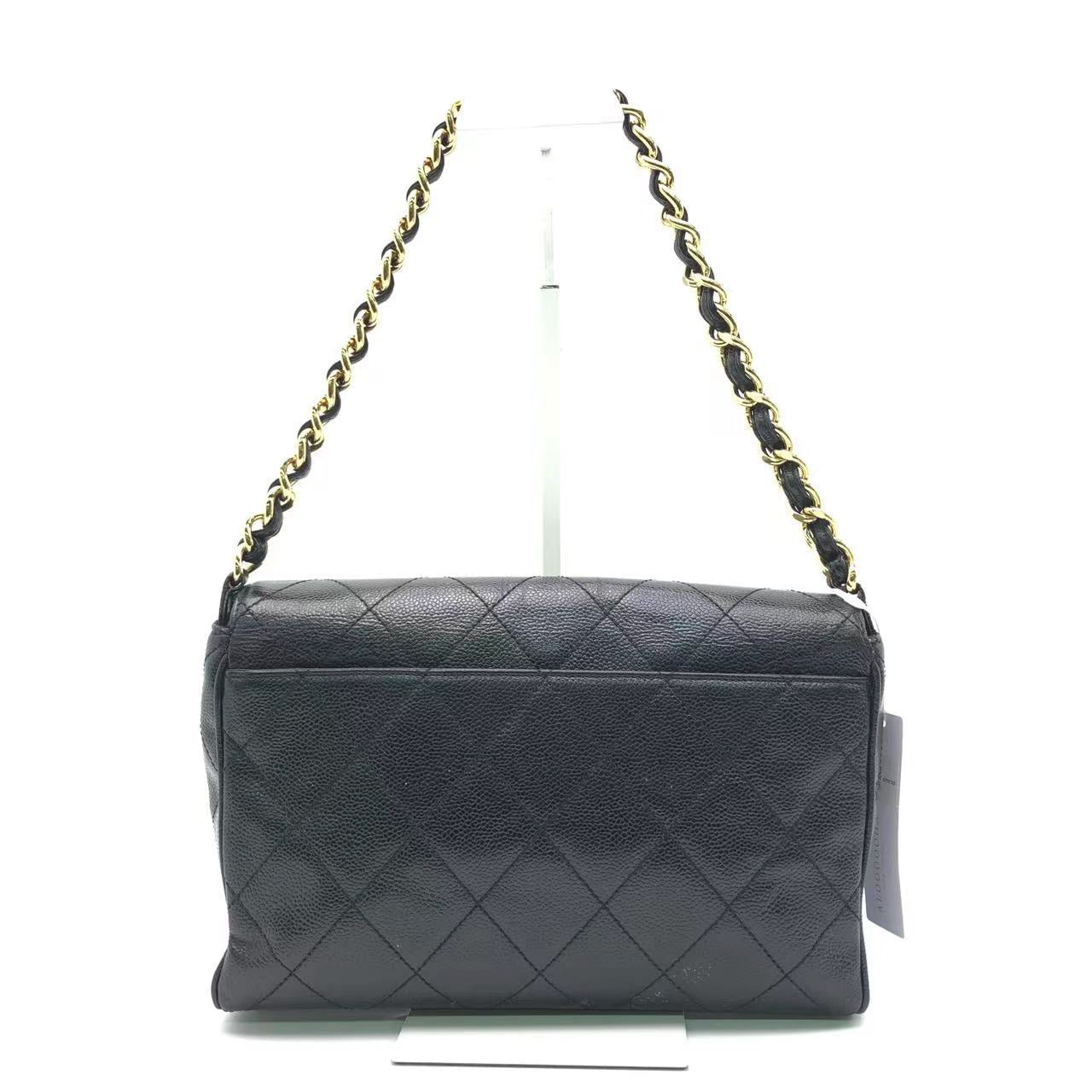 Chanel Single Flap Caviar 24k Black Gold Leather Handbag