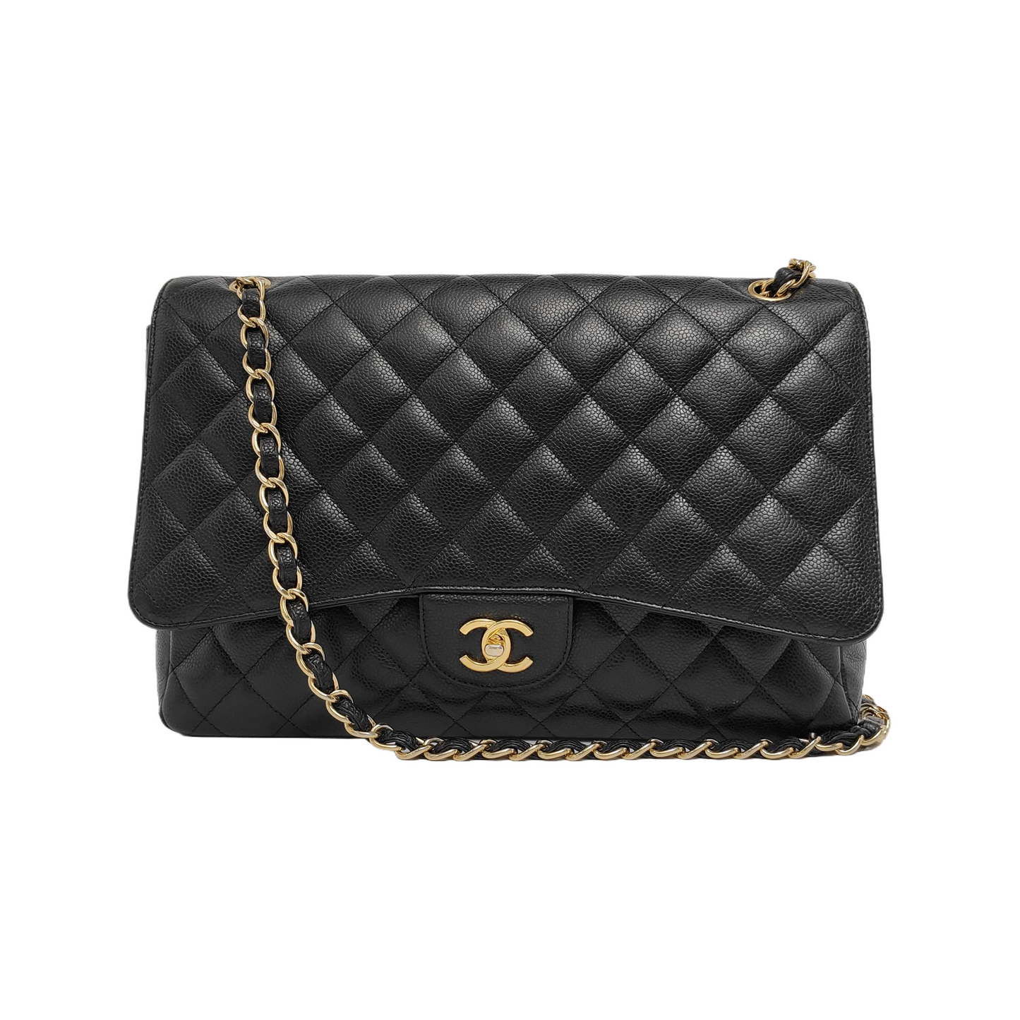 Chanel Classic Flap Maxi Caviar Single Flap Black Gold Leather Handbag Gold Hardware