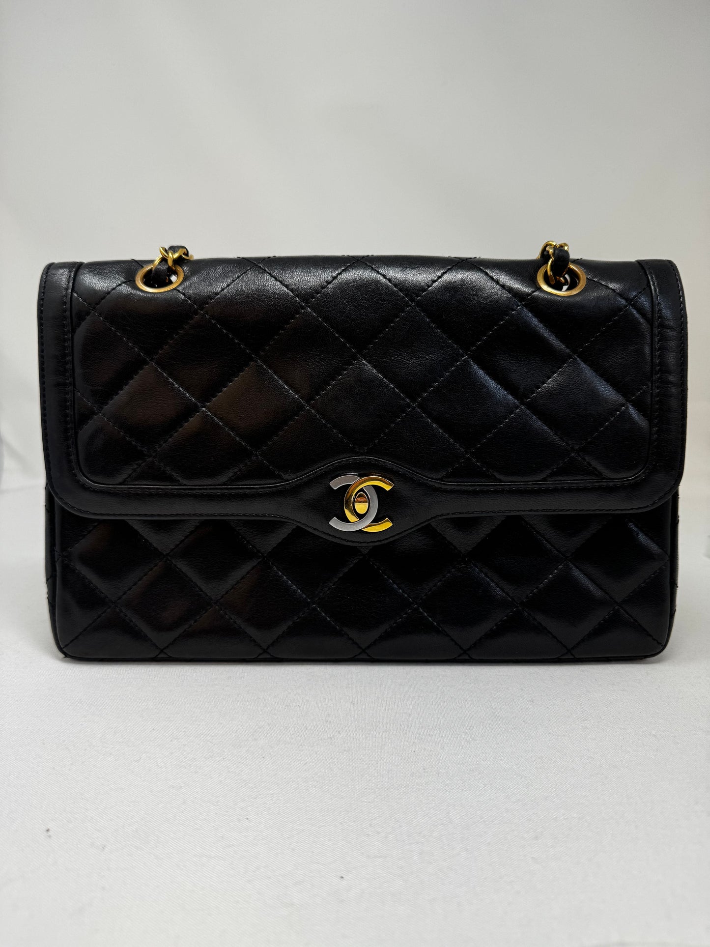 Chanel   Two Tone CC Flap Bag Quilted Lambskin Medium Black B-