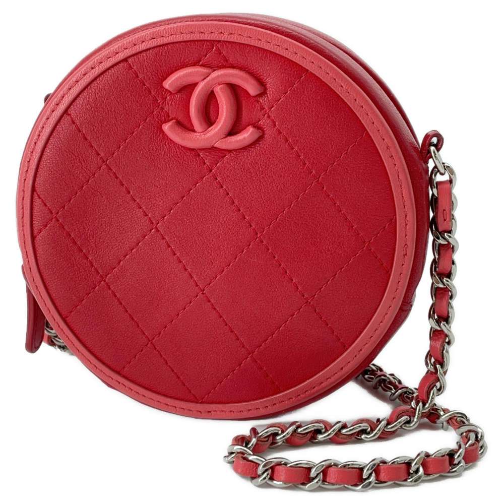 CHANEL CC Logo Round ChainShoulder Bag Red AP0060 Leather