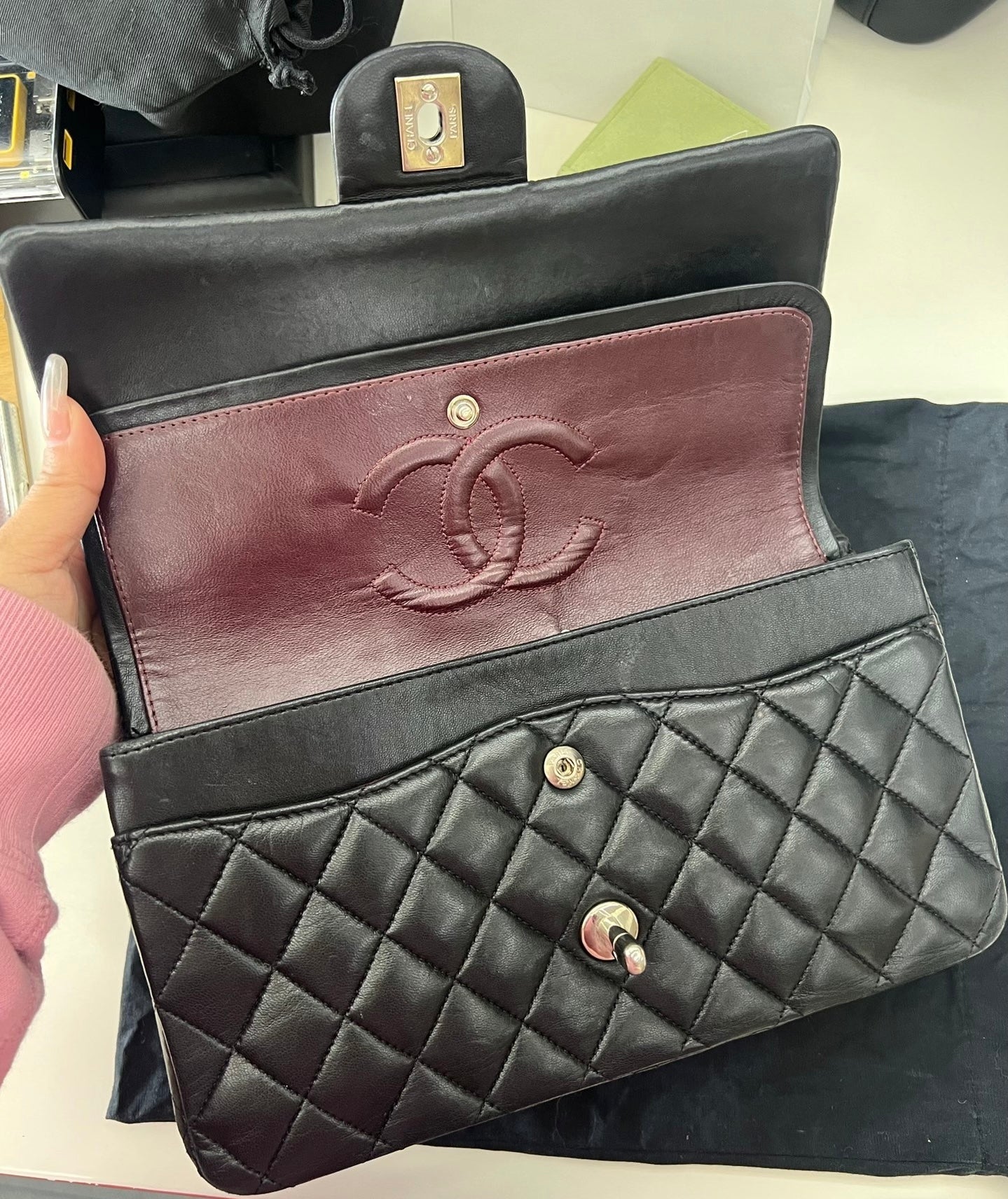 Chanel Classic Flap lambskin hardware Black Silver Leather Handbag