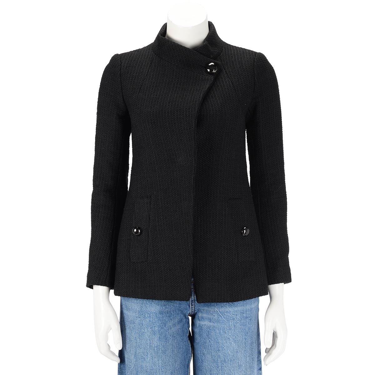 Chanel Black Cotton Tweed Wrap Front Jacket Fr 34