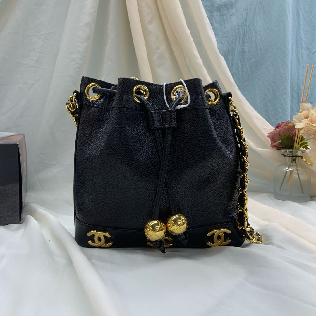 Chanel Bucket Caviar Logo Black Gold Leather Bucket Bag