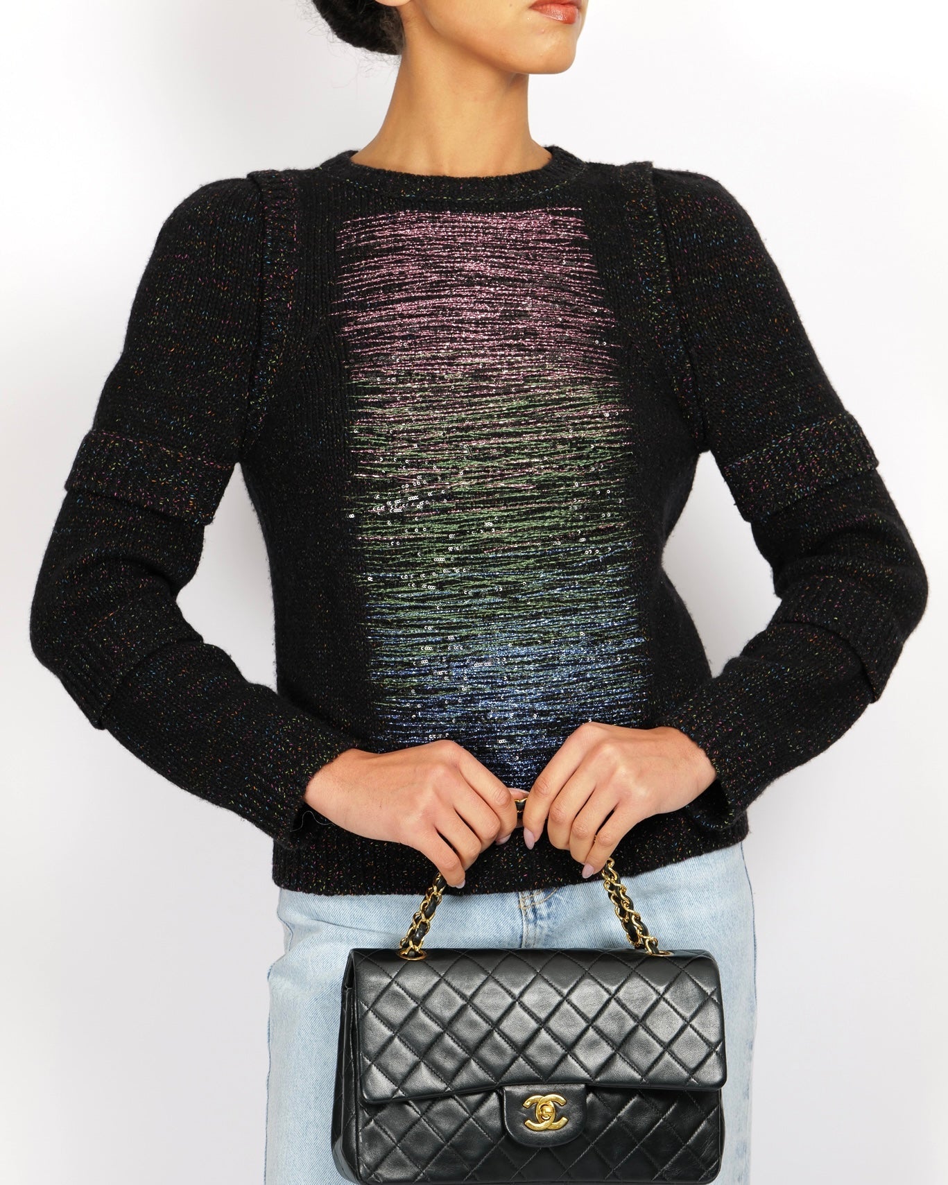Chanel Fall Black And Multi-Colour Wool Knit Jumper With Metallic And Sequin Embellished Embroidery With Silver Cc Logo Button Detail Size Fr 36 (Uk 8) Bag