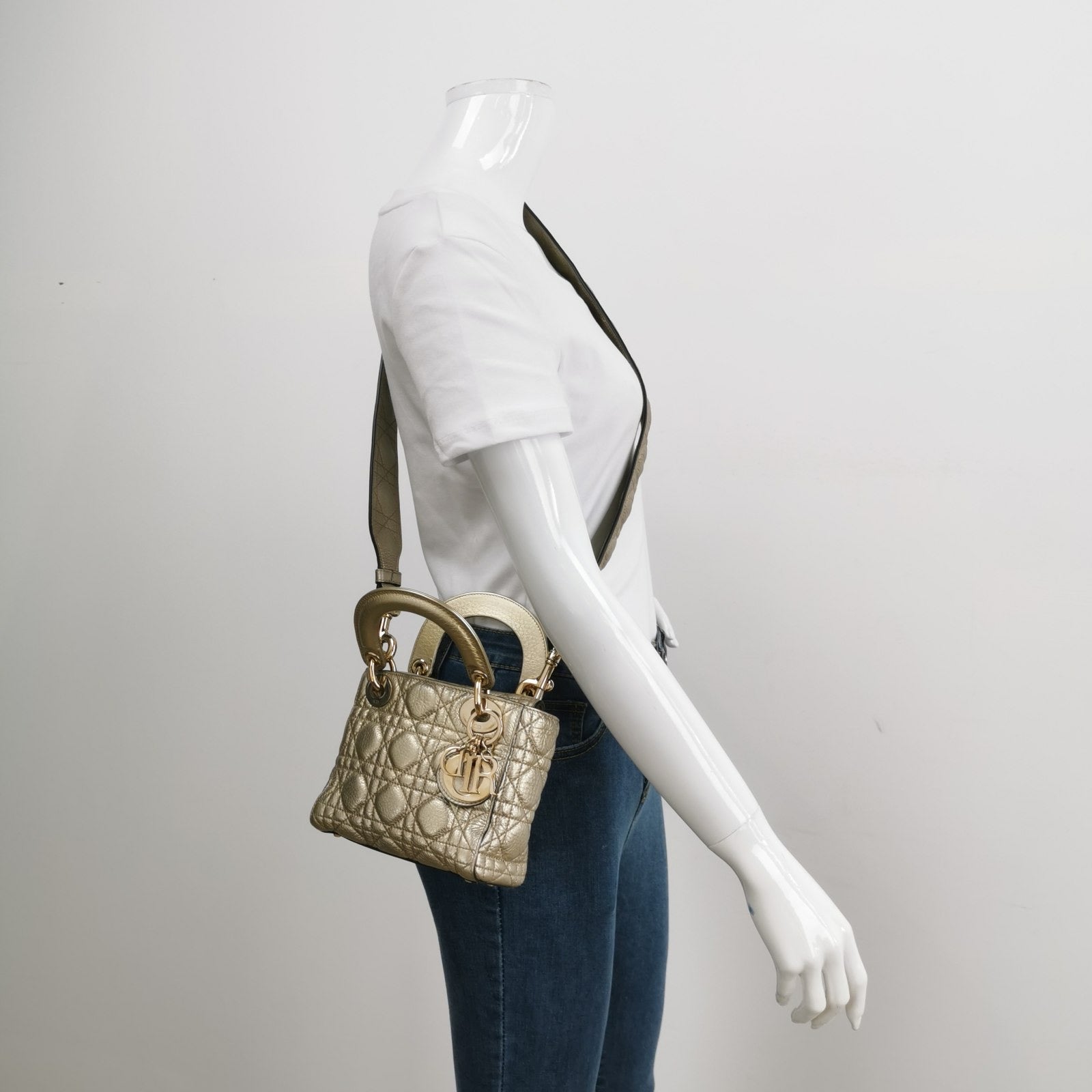 Dior Lady Supple Calfskin Cannage Handbag With Strap Leather Gold Travel Bag With Strap