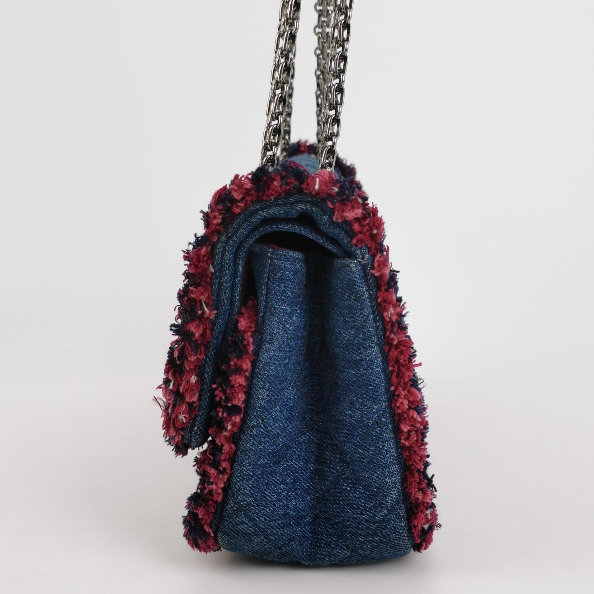 Chanel 2.55 Double Flap Denim Tweed Edges Silver Handbag