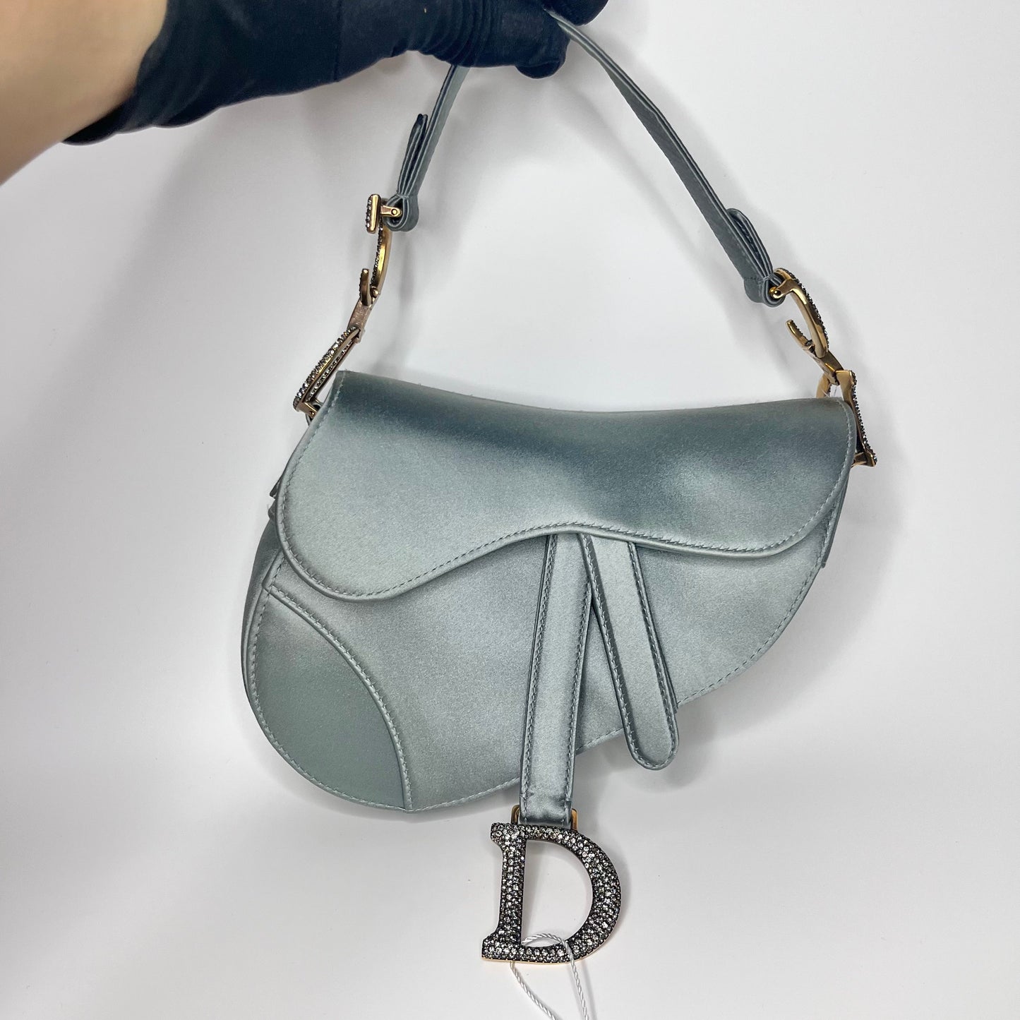 Dior Saddle Silk Greyish With Crystals Handbag Blue Mini Travel Bag