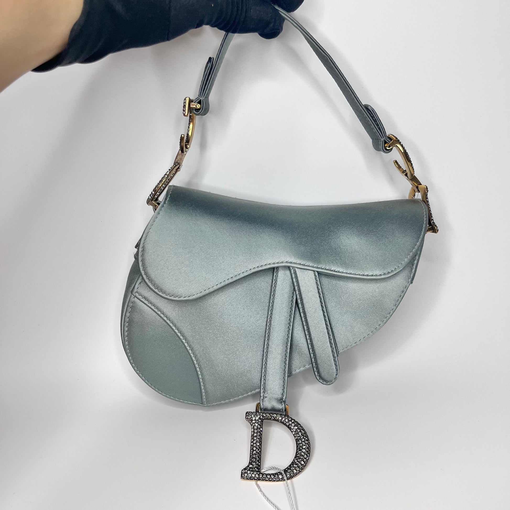 Dior Saddle Silk Greyish With Crystals Handbag Blue Mini Travel Bag