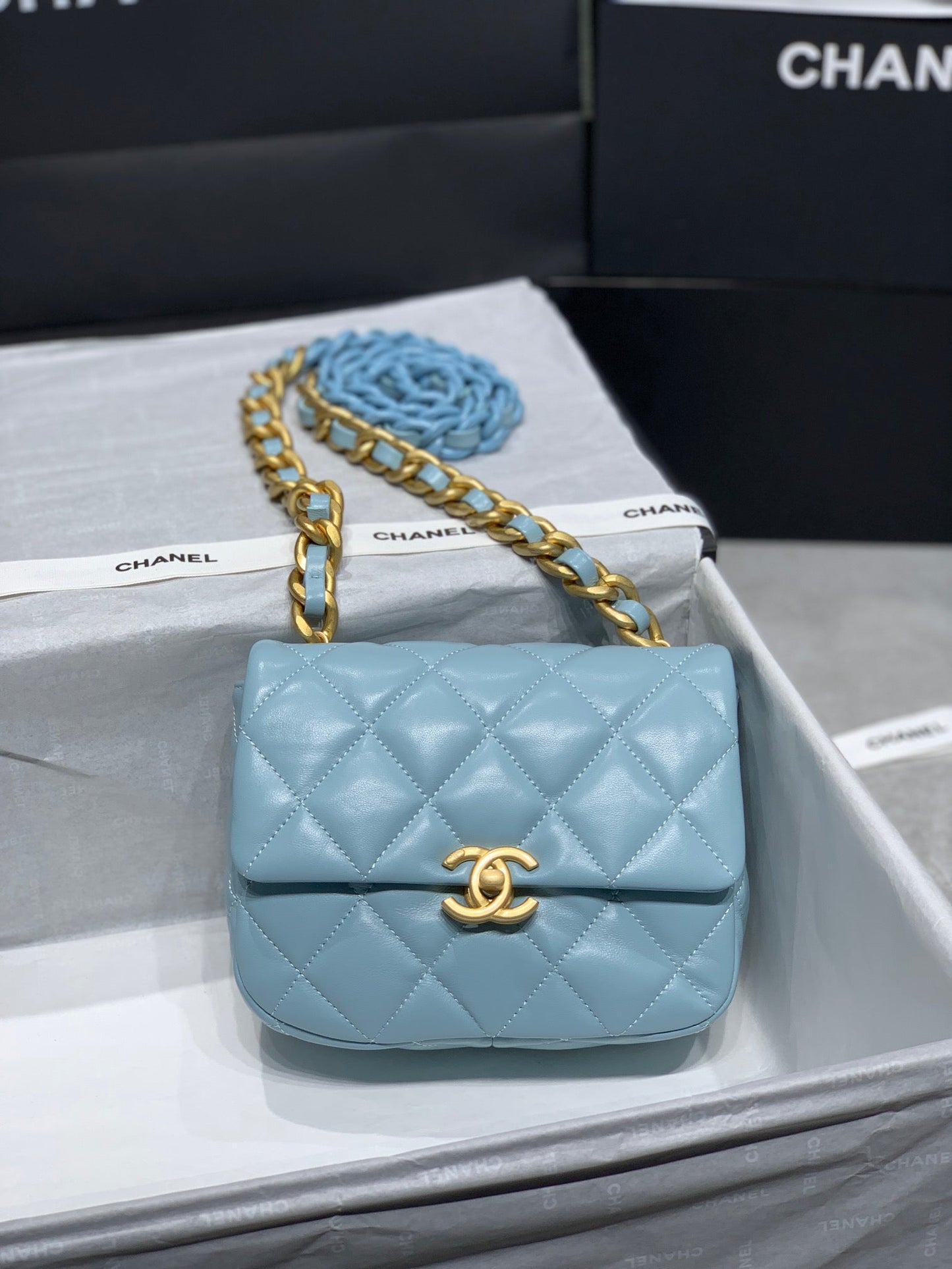 CHLMini -Tone Metal 13cm 5in Blue Gold Flap Mini Bag