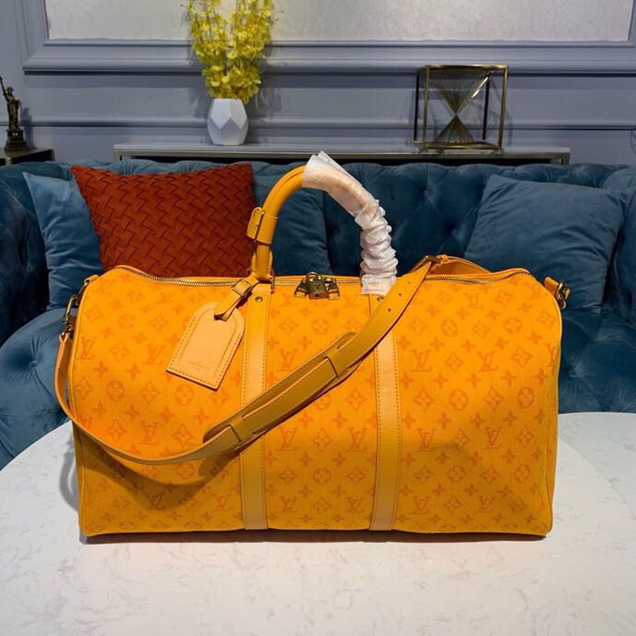 Top Quality Keepall Bandouliere Ochre Yellow For Denim Monogram Travel Bag
