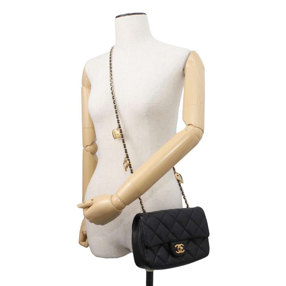 CHANEL Mini Matelasse Heart Chain Shoulder Bag Black AS3456 Lambskin Size 20
