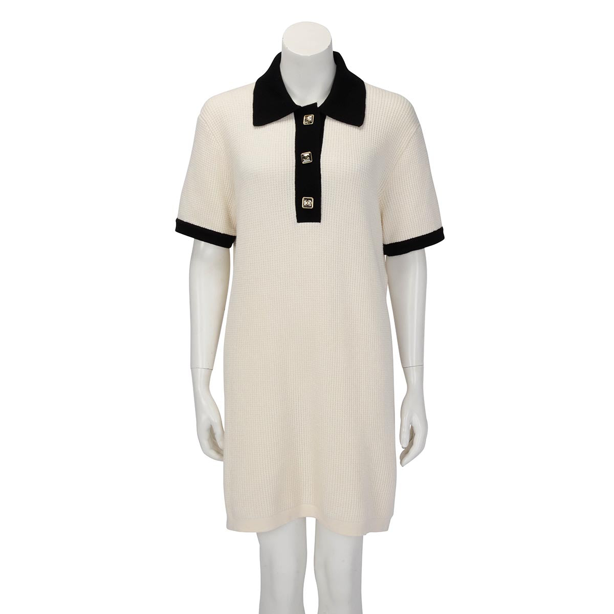 Chanel Cream & Black Waffle Knit Polo Mini Dress Fr 40
