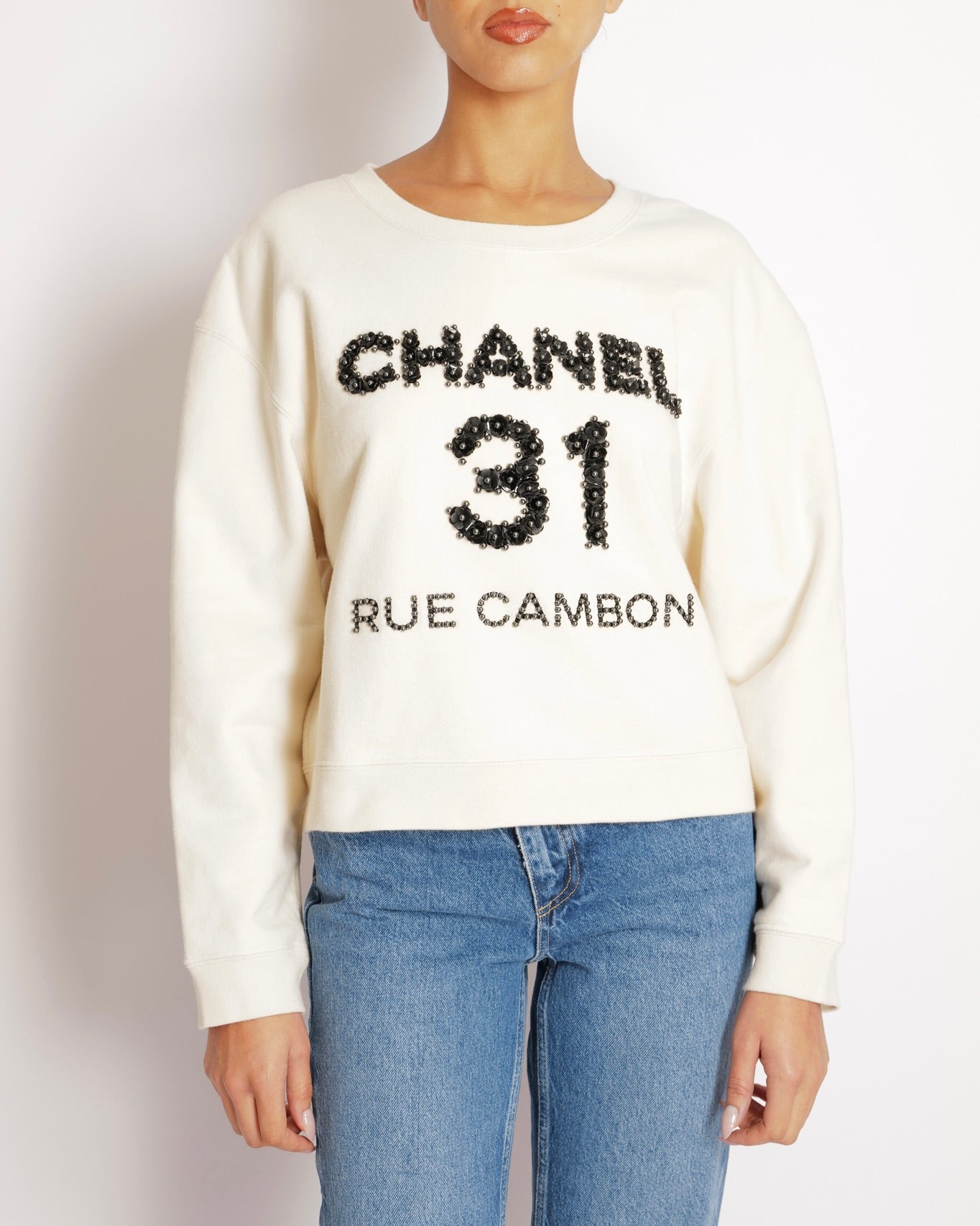 Chanel 20/A Beige 31 Rue Cambon Sweater with Black Floral Appliqué Logo Size L (UK 12)