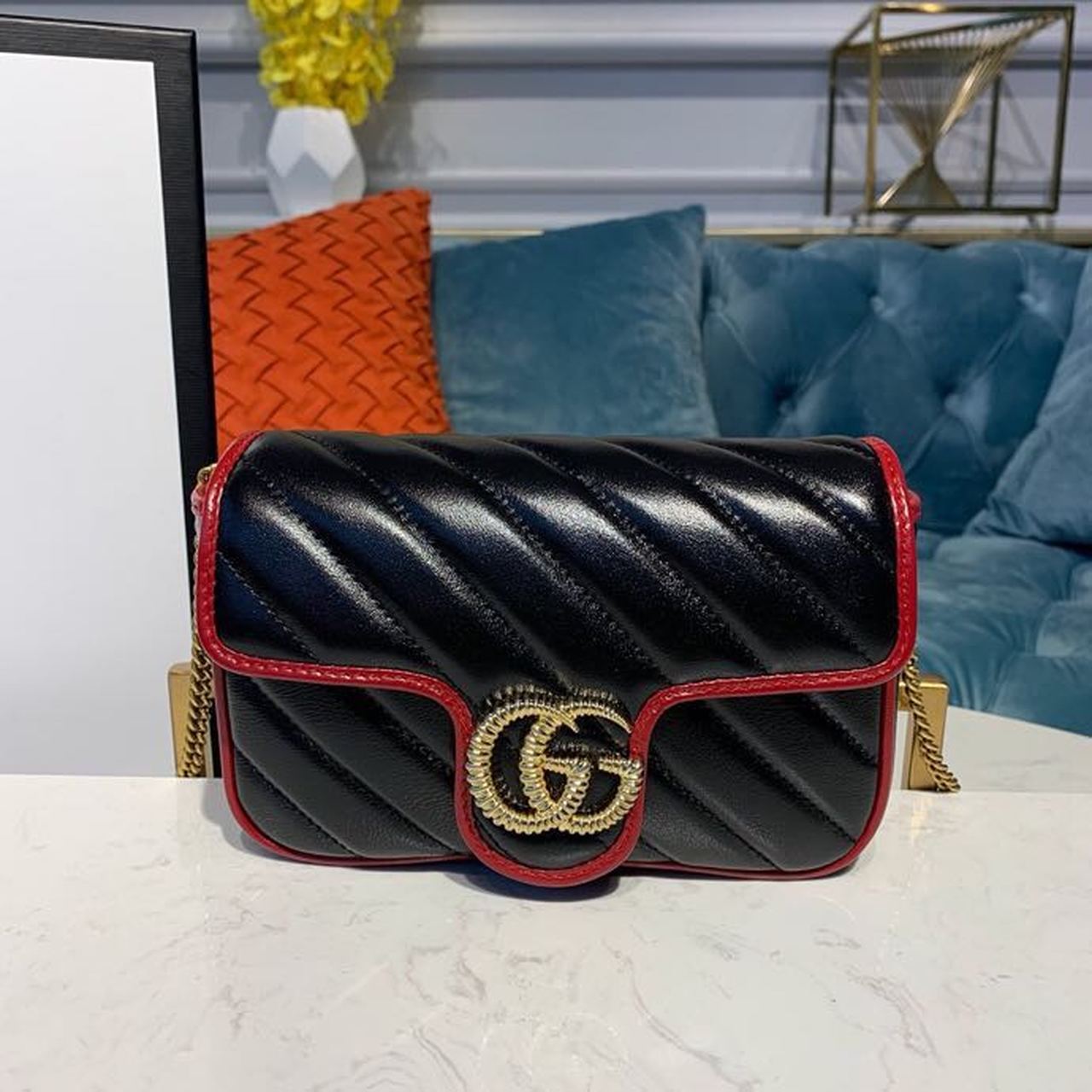 gg Marmont Diagonal Matelass 10in Black Red Shoulder Bag