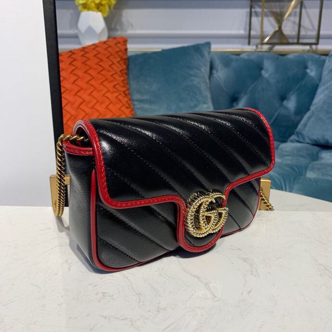 gg Marmont Diagonal Matelass 10in Black Red Shoulder Bag