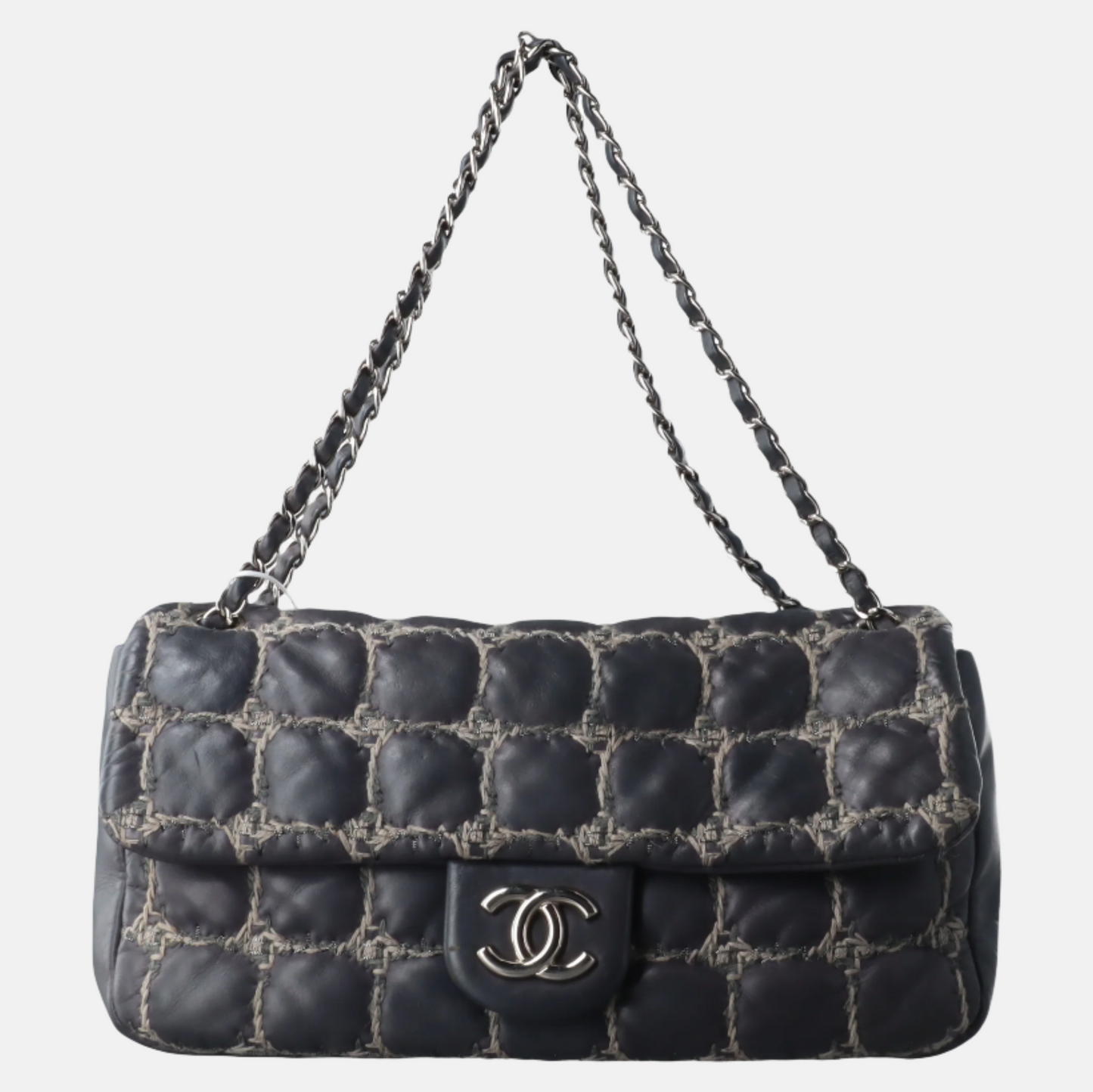 Chanel Tweed Square Stitch on Bubble Grey Leather Shoulder Bag