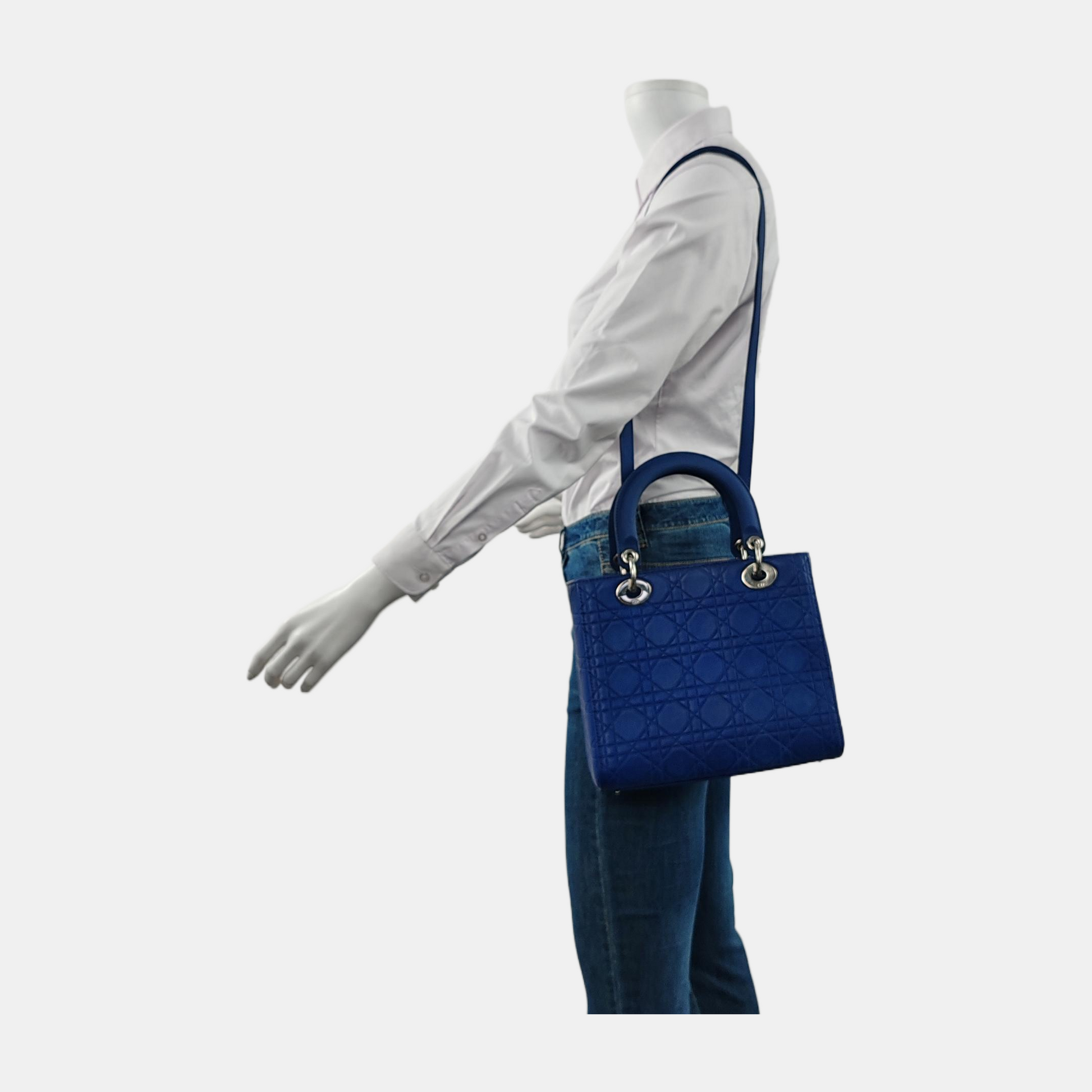 Dior Lady Royal Engraved Cannage Pattern Hardware Handbag Blue Silver Travel Bag