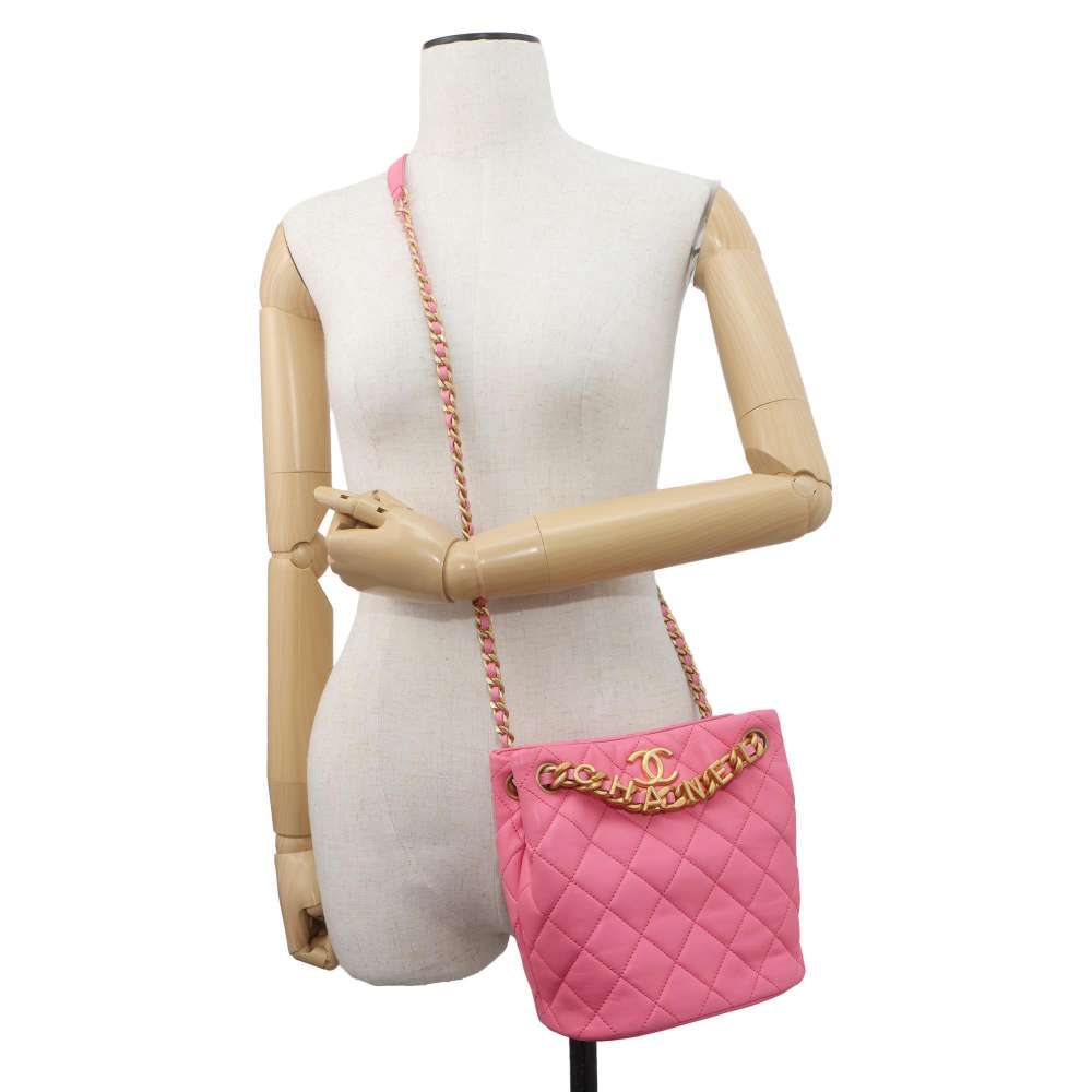CHANEL Matelasse Bucket Bag ChainShoulder Pink AS3873 Lambskin Size Small