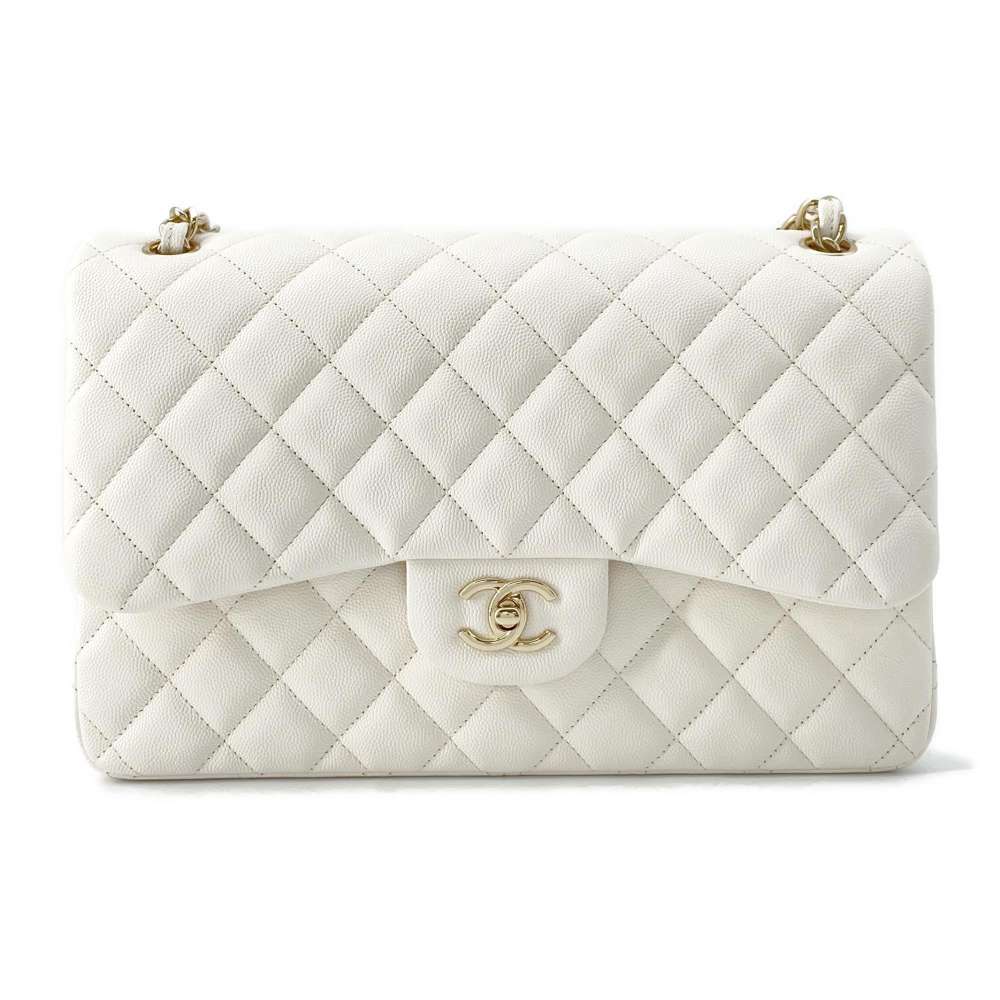 CHANEL Matelasse W Chain W Flap Shoulder Bag White A58600 Caviar Leather Size 30