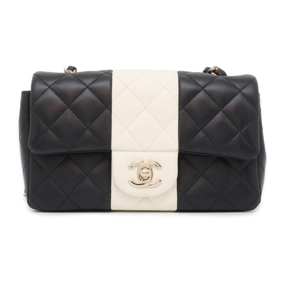 CHANEL Bicolor Matelasse ChainShoulder Bag Black/White Lambskin Size 20