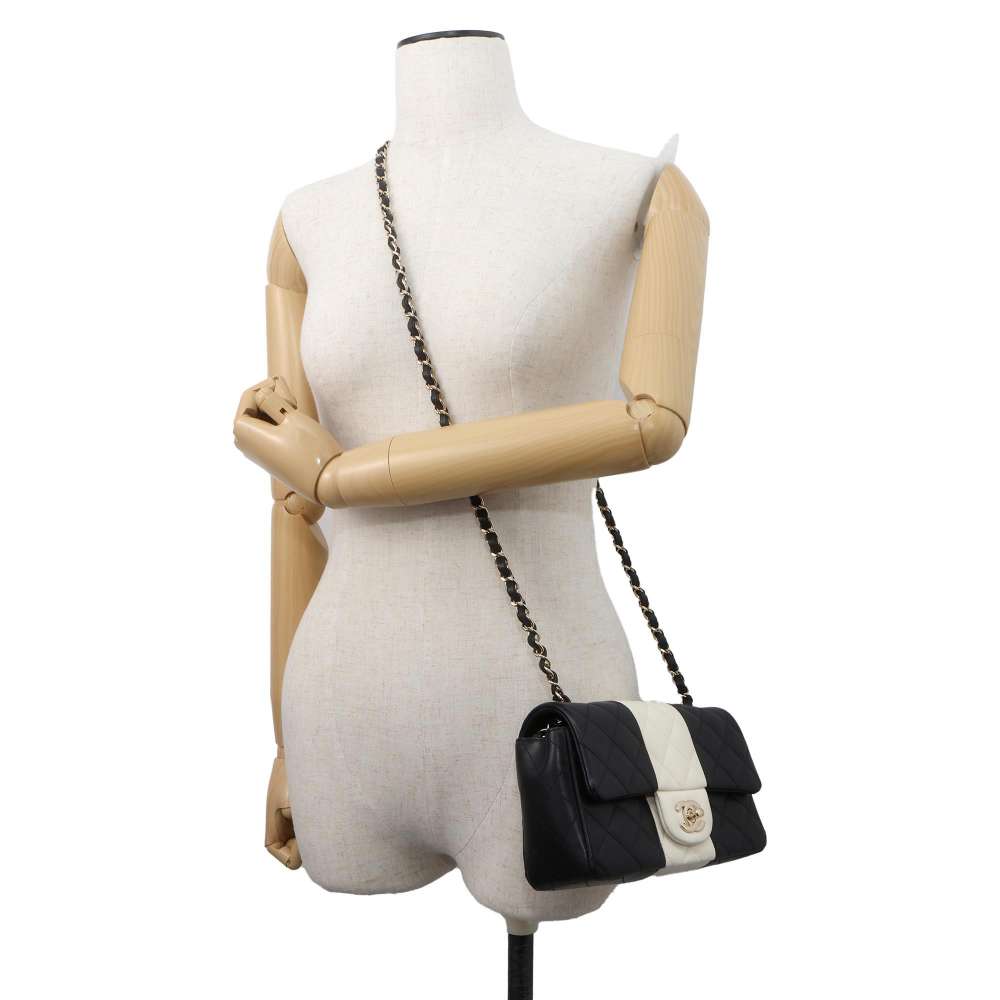 CHANEL Bicolor Matelasse ChainShoulder Bag Black/White Lambskin Size 20
