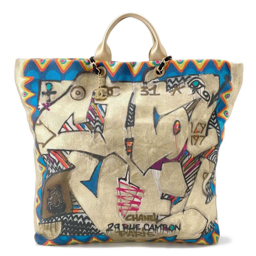 CHANEL Maxi Shopping Tote Gold/Blue/Multicolor AS0850 Canvas Leather
