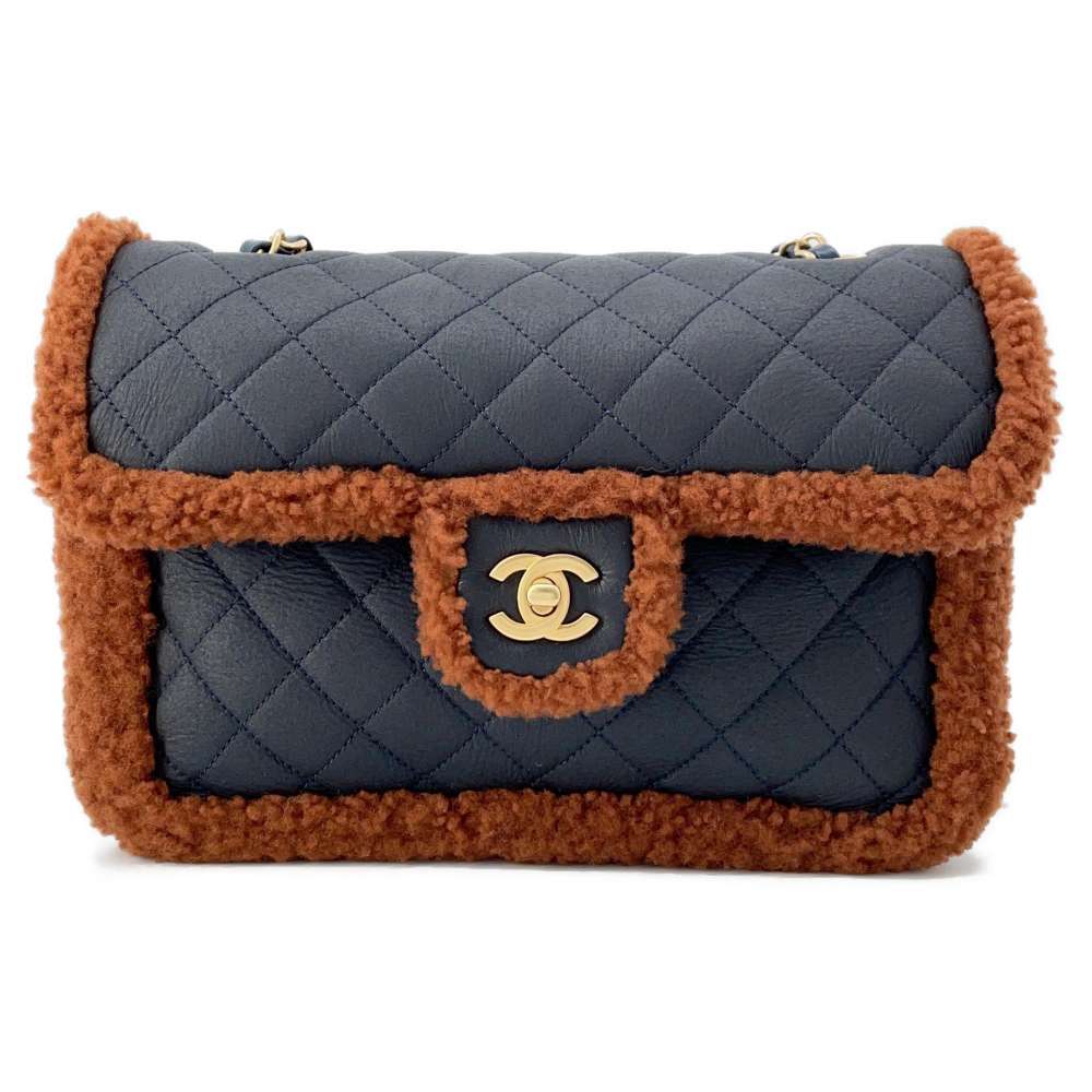 CHANEL Matelasse Single Flap Chain Shoulder Bag Dark Navy/Brown Leather Mouton