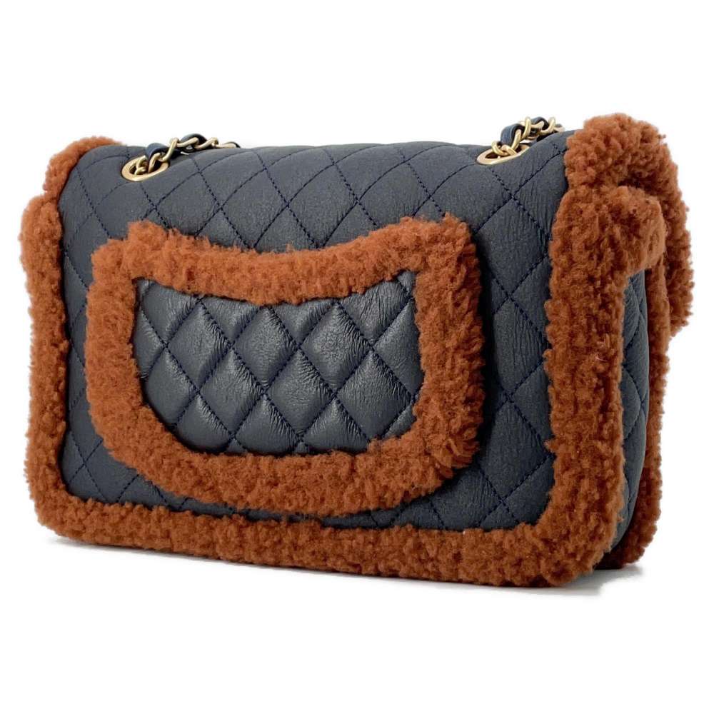 CHANEL Matelasse Single Flap Chain Shoulder Bag Dark Navy/Brown Leather Mouton