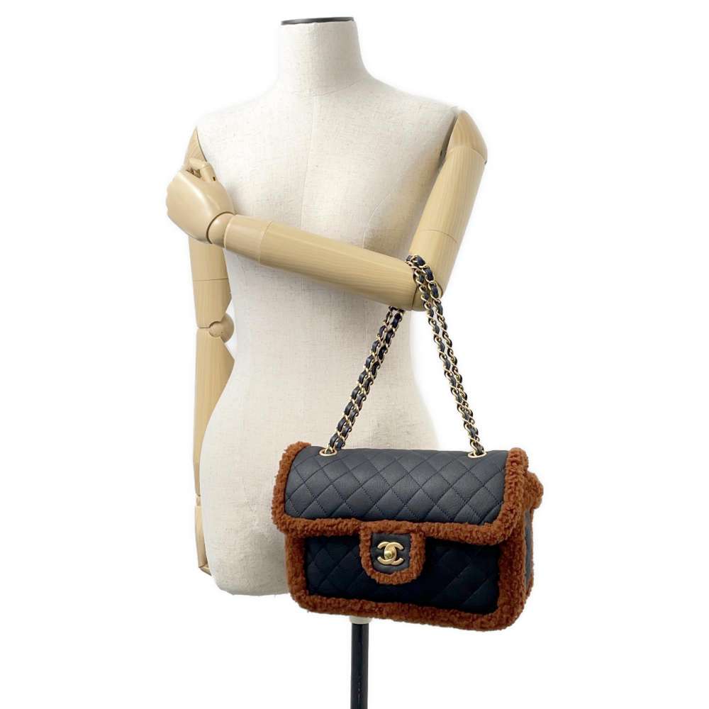 CHANEL Matelasse Single Flap Chain Shoulder Bag Dark Navy/Brown Leather Mouton