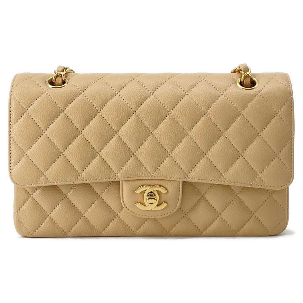 CHANEL Matelasse W Flap ChainShoulder Bag Beige A01112 Caviar Leather Size 25