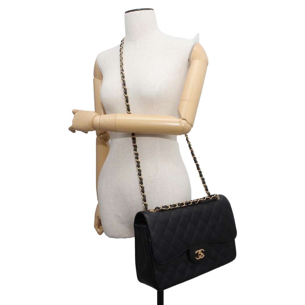 CHANEL Matelasse W Flap ChainShoulder Bag Black A58600 Caviar Leather Size 30