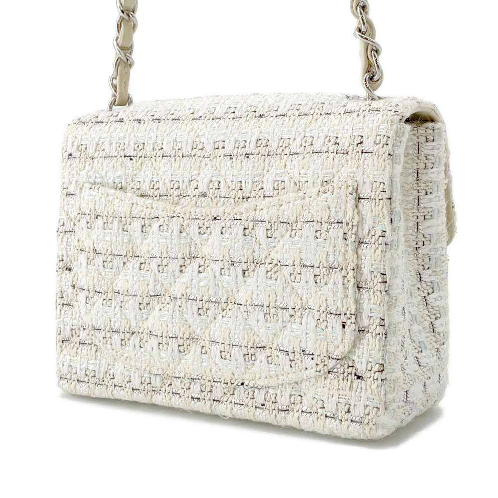 CHANEL Matelasse Single Flap ChainShoulder Bag White/Black/Blue Tweed Size Mini