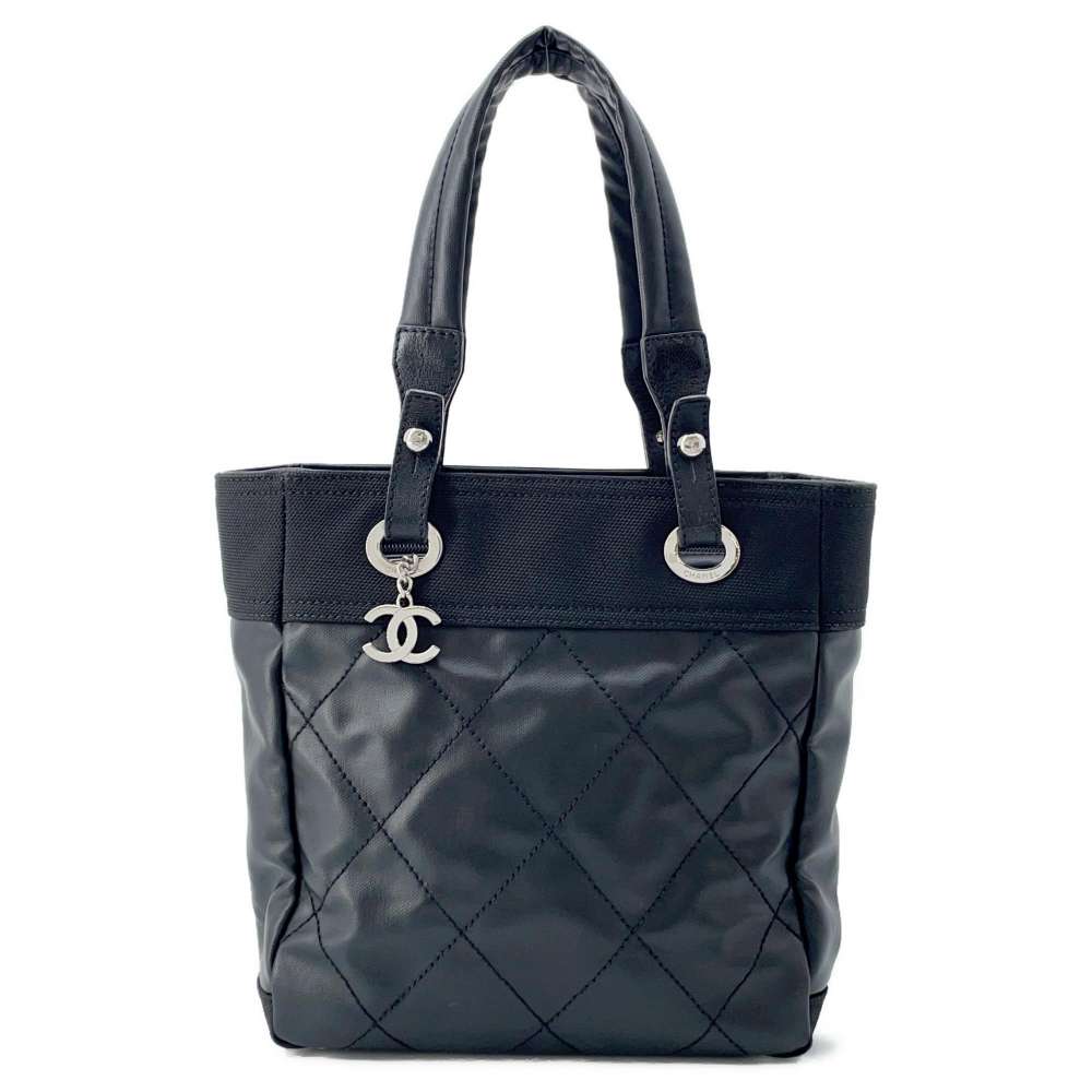 CHANEL Paris-Biarritz Tote Bag Black A34208 Leather Canvas Size PM