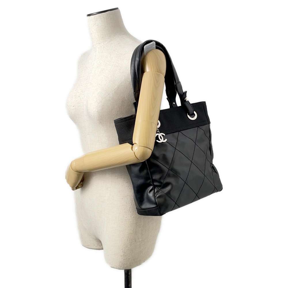 CHANEL Paris-Biarritz Tote Bag Black A34208 Leather Canvas Size PM
