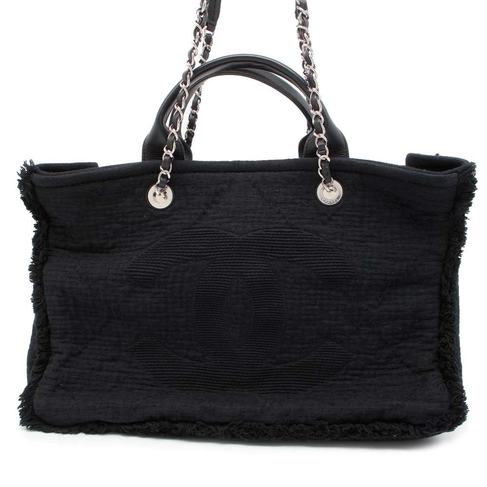 CHANEL CC Logo 2WAY Shopping Tote Black A57180 Cotton Leather Size Large