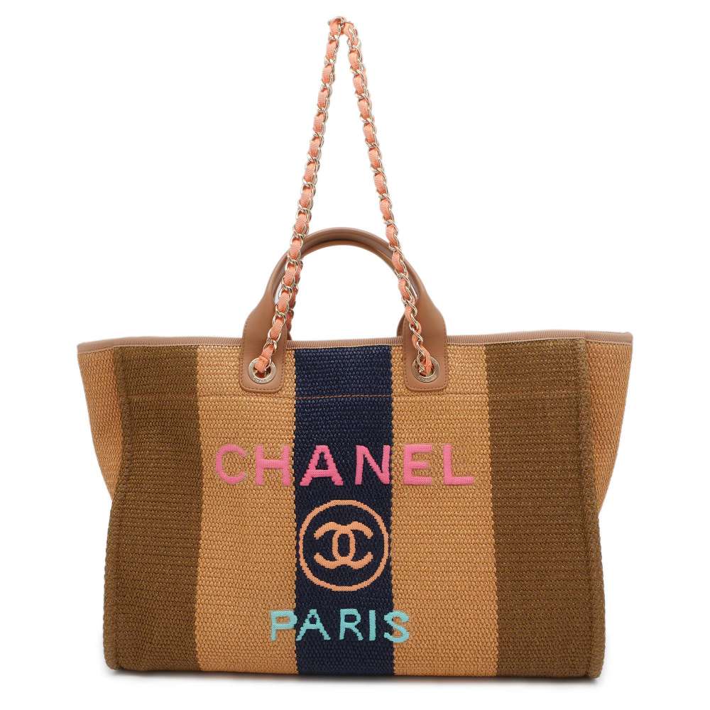 CHANEL Deauville Beige/Khaki/Navy A67001 Straw Leather Size GM