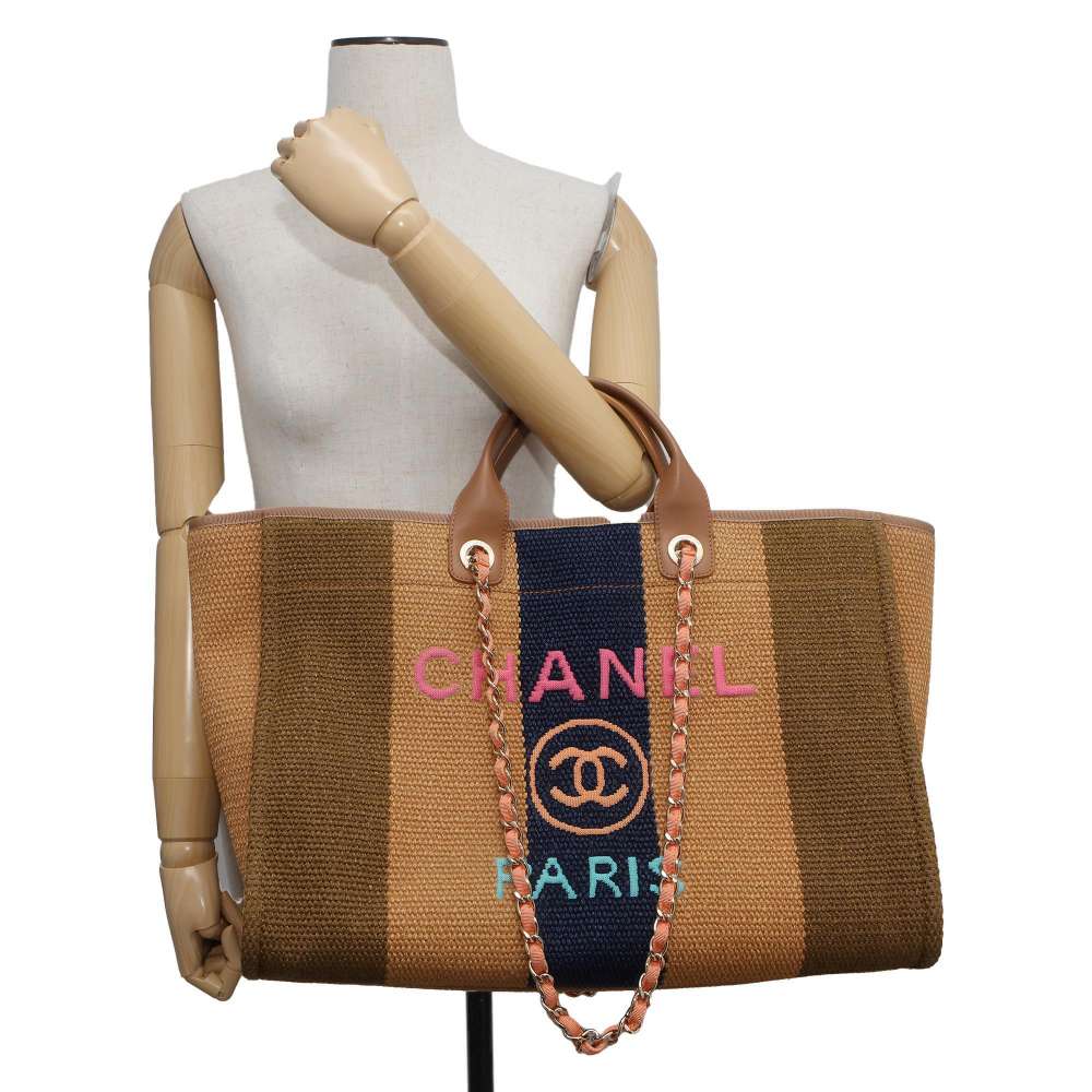 CHANEL Deauville Beige/Khaki/Navy A67001 Straw Leather Size GM