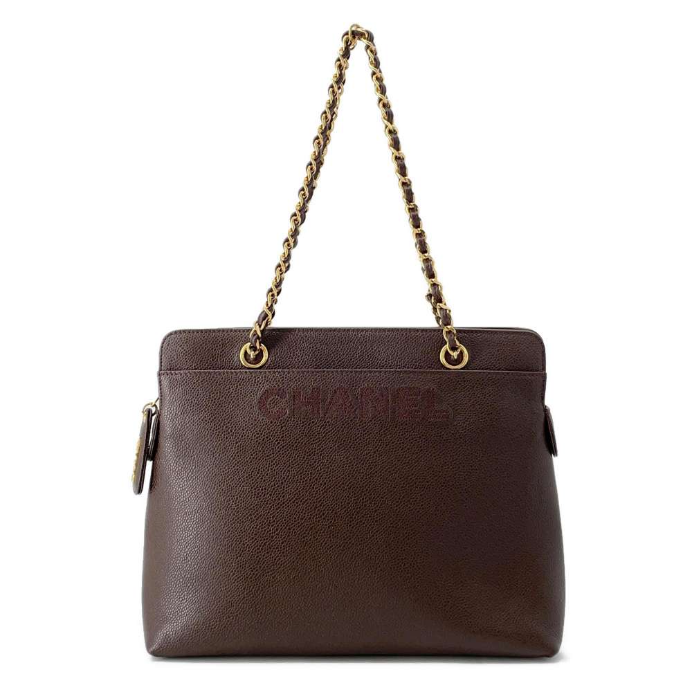 CHANEL Logo Chain Tote Bag Brown A08913 Caviar Leather